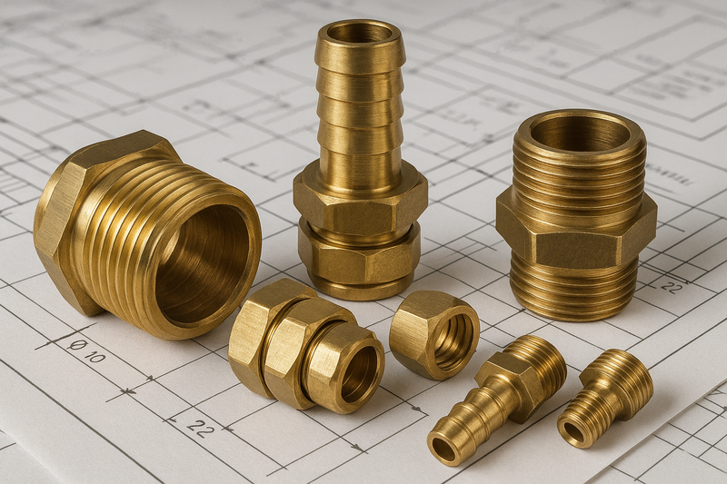 A close-up of assorted brass fittings arranged on a technical workspace. Include threaded, hose barb, compression, and standard fittings, with a blueprint or instruction manual in the background for a sense of precision and expertise.