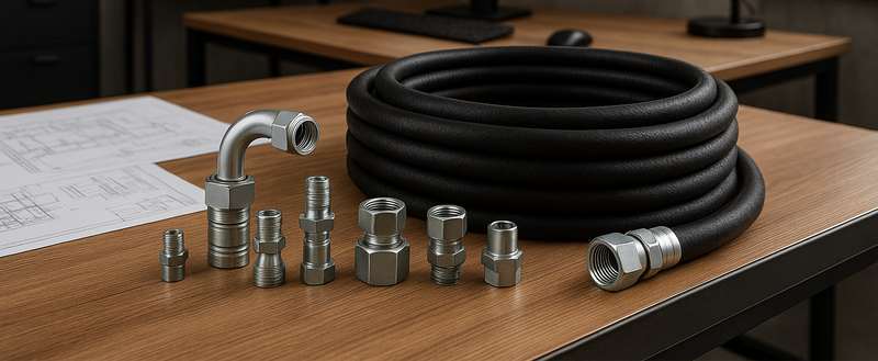 A neat workspace with a coiled hydraulic hose and fittings placed on the desk (to reflect an industrial office setting).