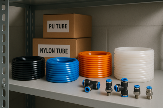 A well-lit shelf with coiled PU and nylon pneumatic tubes, alongside a few pneumatic push-in fittings. Add a soft industrial touch, such as labeled boxes, to suggest a reliable inventory for air systems and automation.