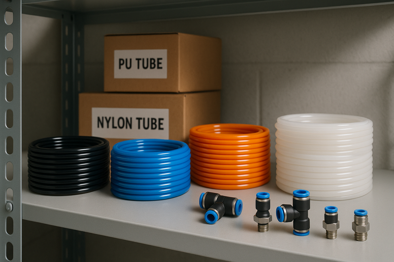 A well-lit shelf with coiled PU and nylon pneumatic tubes, alongside a few pneumatic push-in fittings. Add a soft industrial touch, such as labeled boxes, to suggest a reliable inventory for air systems and automation.