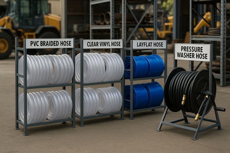 An outdoor or warehouse environment with industrial hoses—PVC braided, clear vinyl, layflat, and pressure washer hoses—displayed on reels or racks. There are hints of machinery and equipment, evoking durability and heavy-duty use.